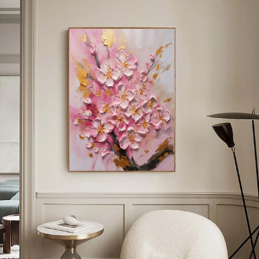 Original Pink Cherry Blossom Oil Painting on Canvas,3D Textured Knife Hand Oil Painting