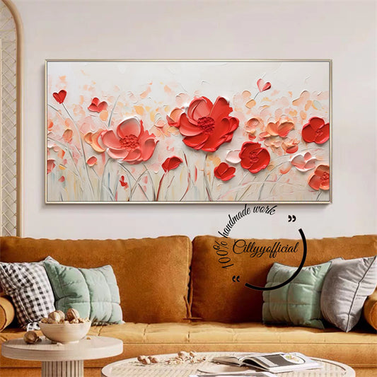 Original Blooming Floral Oil Painting on Canvas,Red and Pink 3D Textured Wall Art,Boho Floral Texture Art