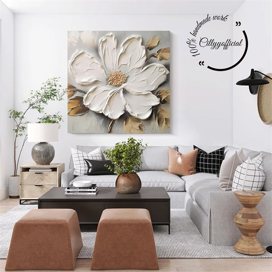 3D White Flower Texture Painting on Canvas, 3D Textured Acrylic Painting