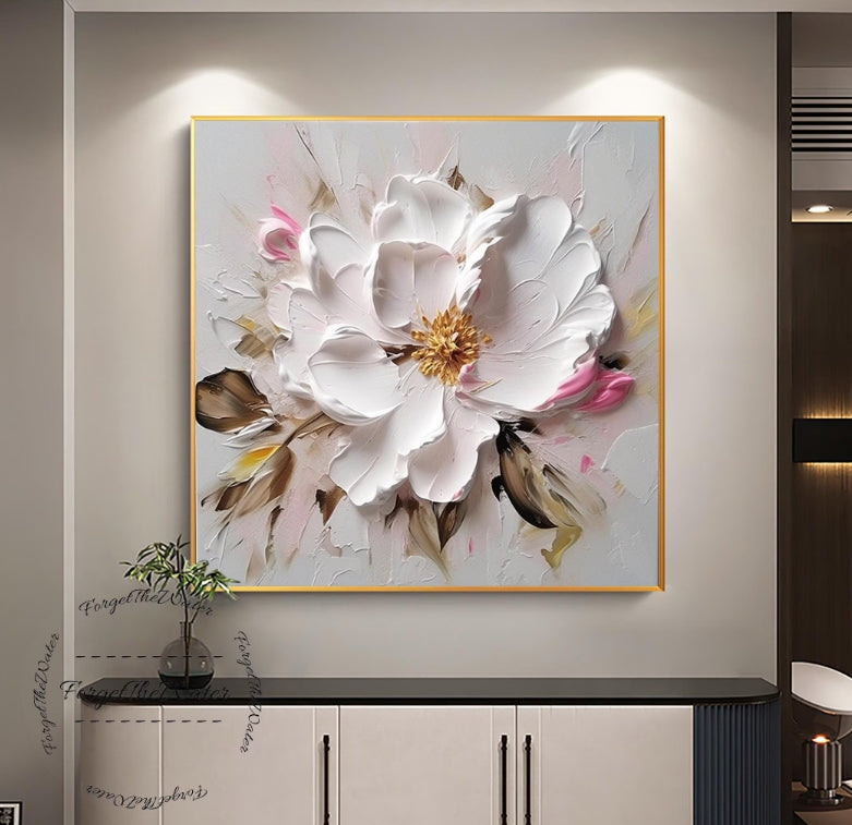 3D White Pink Flower Oil Painting,White Minimalist Floral Canvas Wall Art