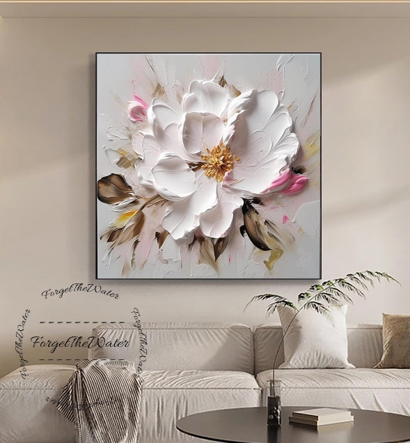 3D White Pink Flower Oil Painting,White Minimalist Floral Canvas Wall Art