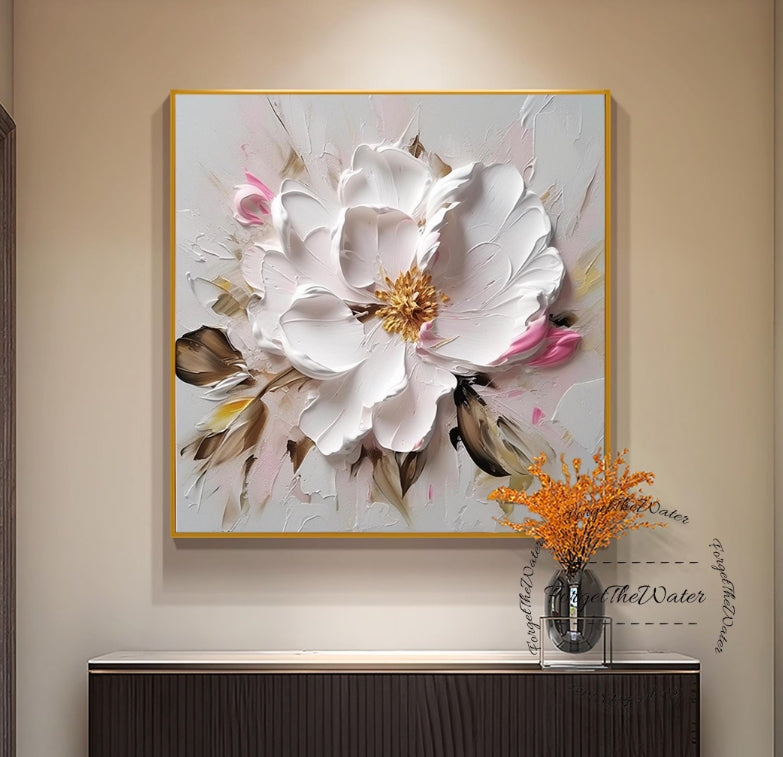 3D White Pink Flower Oil Painting,White Minimalist Floral Canvas Wall Art