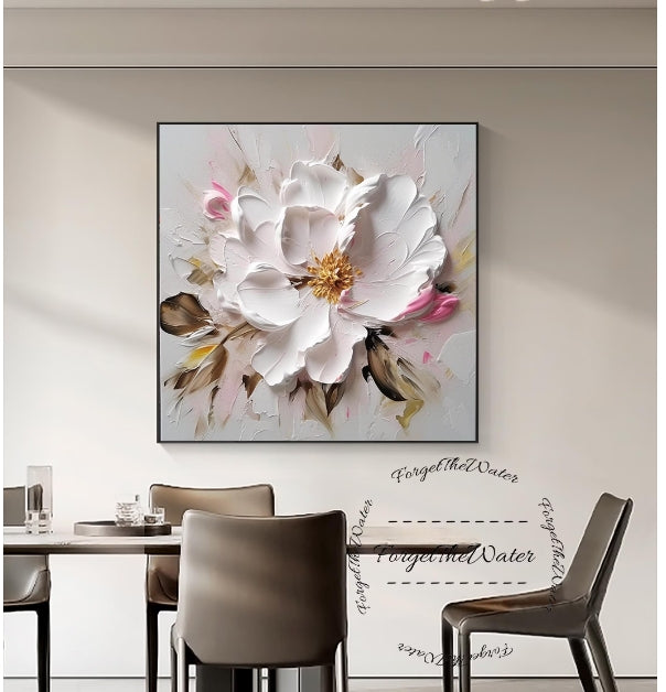 3D White Pink Flower Oil Painting,White Minimalist Floral Canvas Wall Art