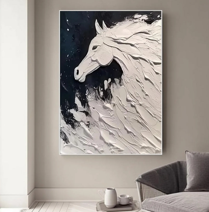 Original white and black painting, original horse painting