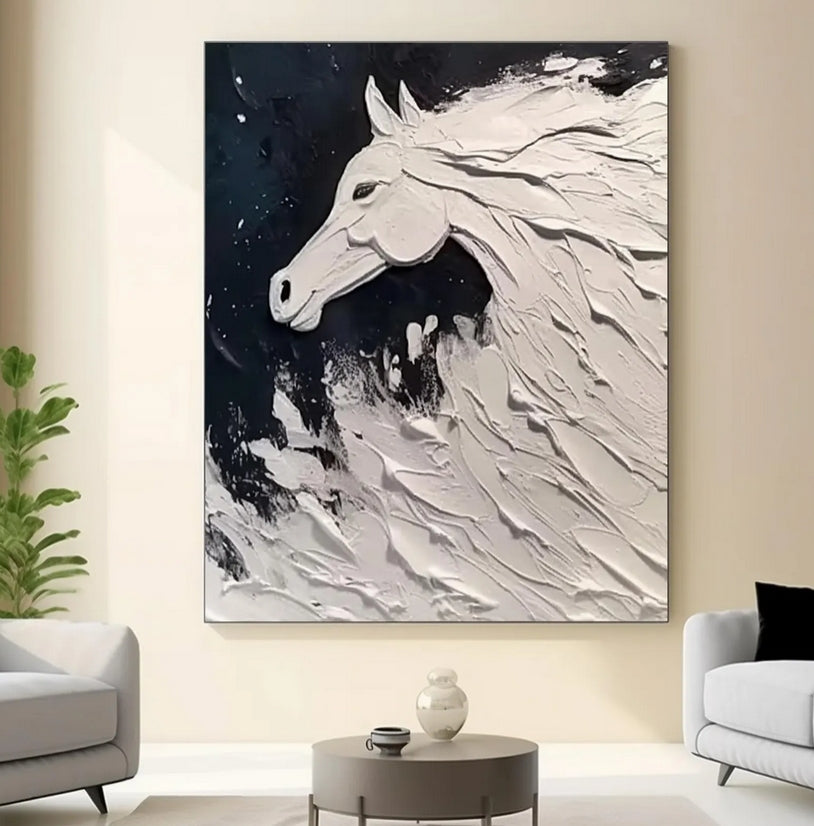 Original white and black painting, original horse painting