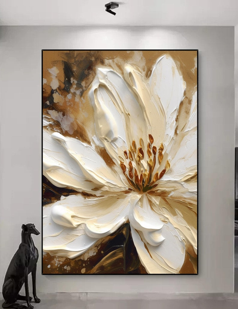 Expedited order (November 8th) - Original Beige Floral Oil Painting On Canvas 3D Flower Textured Wall Art