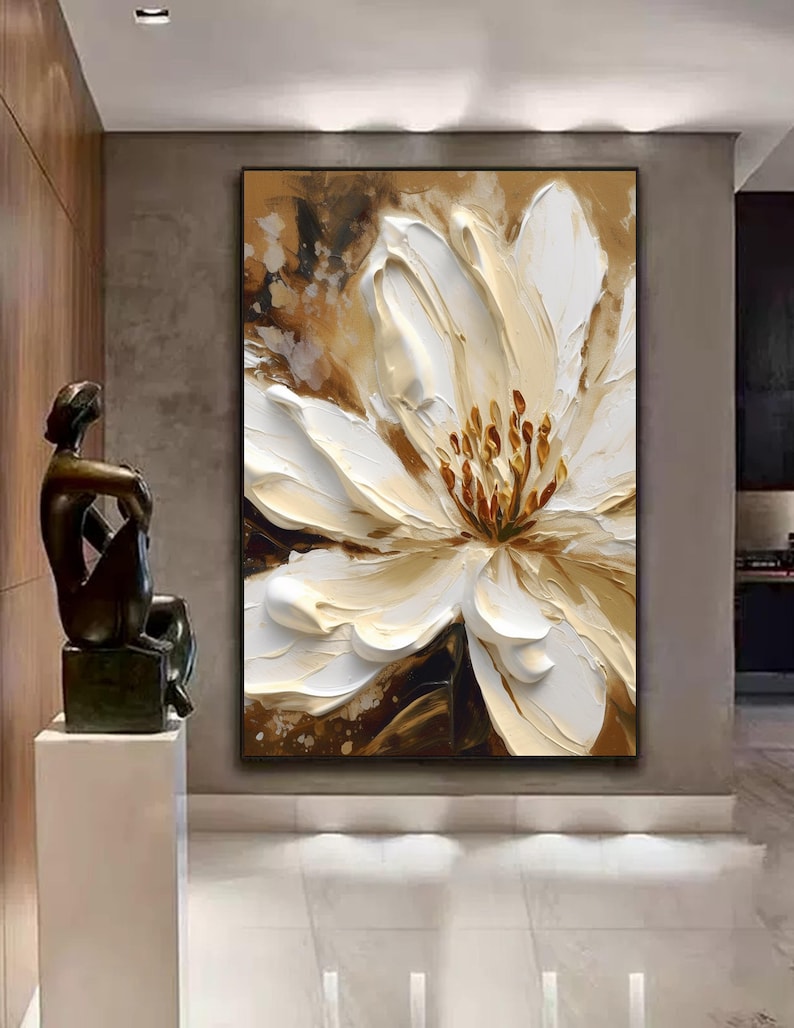 Expedited order (November 8th) - Original Beige Floral Oil Painting On Canvas 3D Flower Textured Wall Art