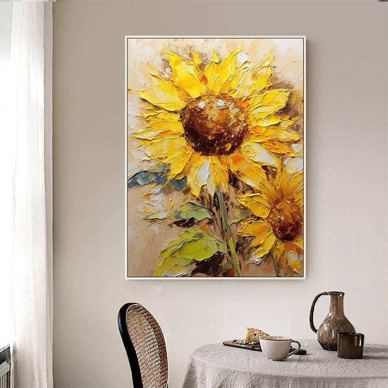 Abstract Sunflower Canvas Oil Painting Boho Wall Art - Warm Smile: Sunflowers' Happiness in Hand-painted Art