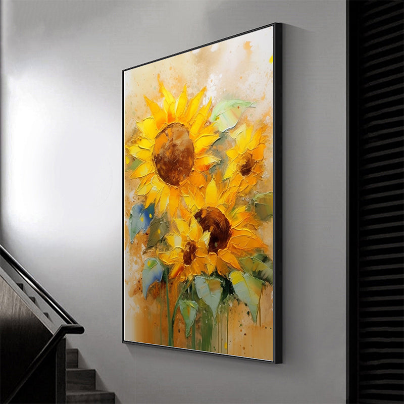 Abstract Sunflower Canvas Oil Painting Boho Wall Art - Warm Embrace: Sunflowers' Affection in Oil