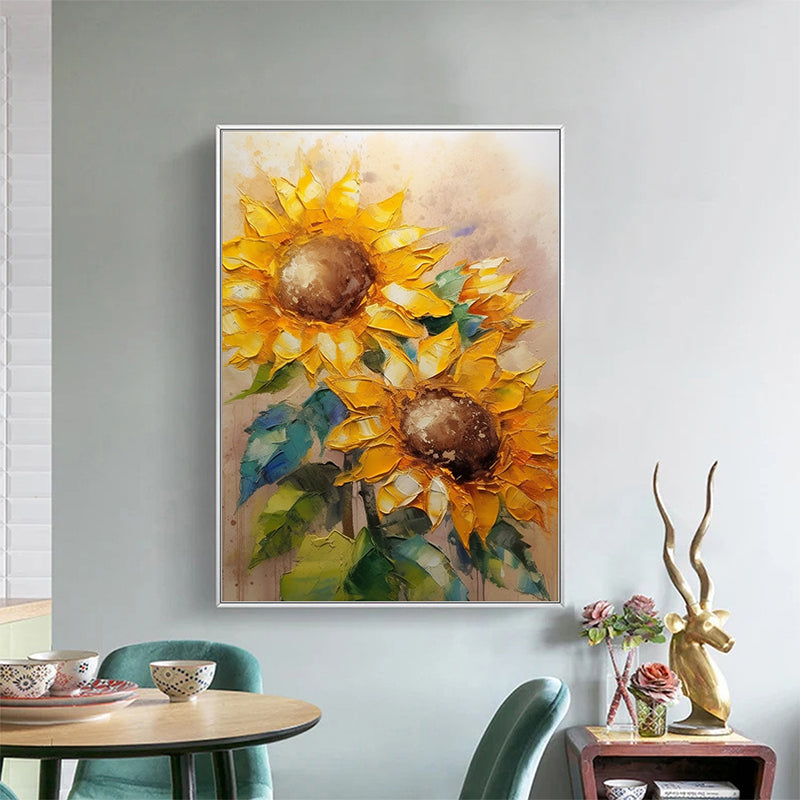 Abstract Sunflower Canvas Oil Painting Boho Wall Art - Summer Blossom: Sunflowers Blooming in Handmade Oil