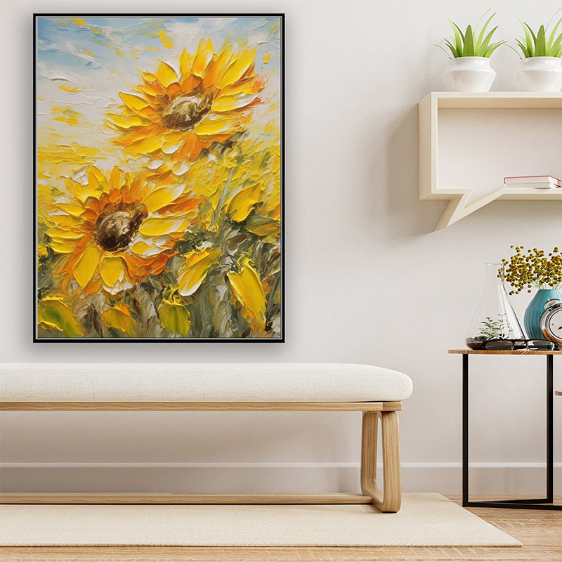 Large Sunflower Texture Oil Painting on Canvas Modern Yellow Floral Acrylic Painting - Beautiful Times: Joyful Moments with Sunflowers
