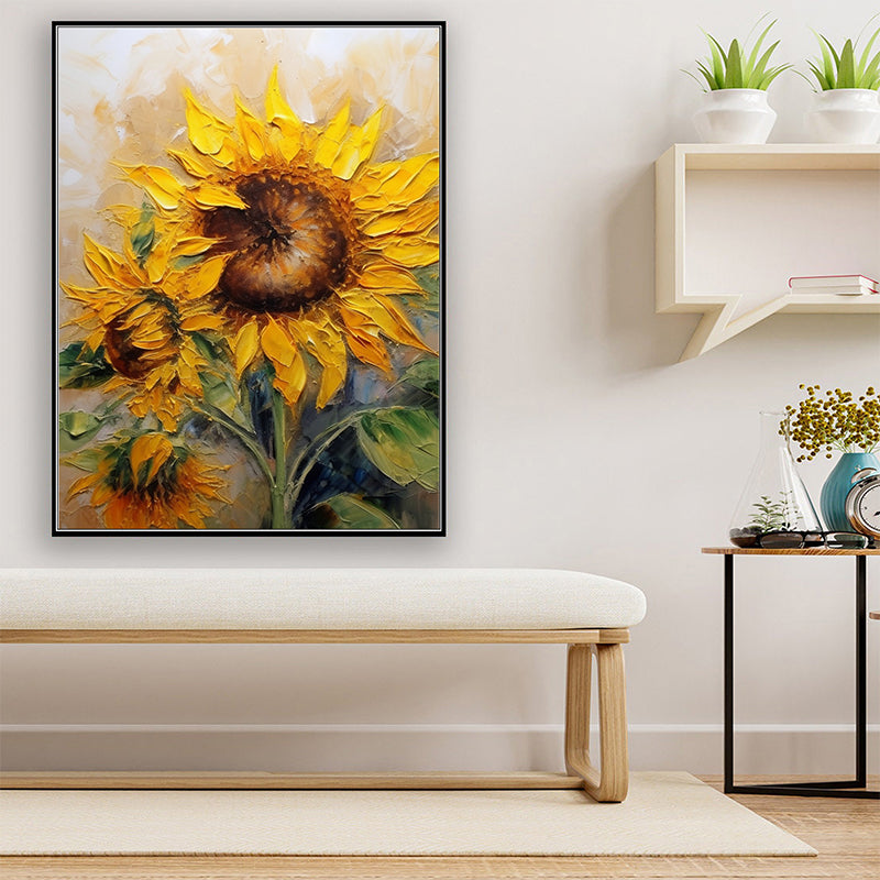 Abstract Floral Wall Art - Golden Oasis: Artisanal Sunflower Oil Canvas
