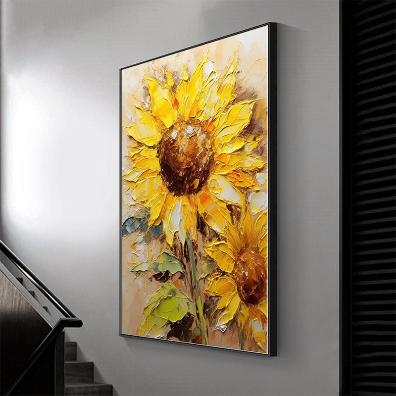 Abstract Sunflower Canvas Oil Painting Boho Wall Art - Warm Smile: Sunflowers' Happiness in Hand-painted Art