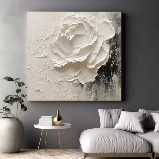 3D Flower Paintingm,Large White Flower Oil Painting,Flower Canvas Wall Art,White Minimalist Texture Abstract Painting,Heavy Textured