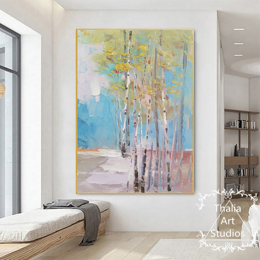 Birch Tree Oil Painting Large Birch Forest Abstract Painting Birch Tree Wall Art Green Texture Abstract Painting Modern Art Living Room Art