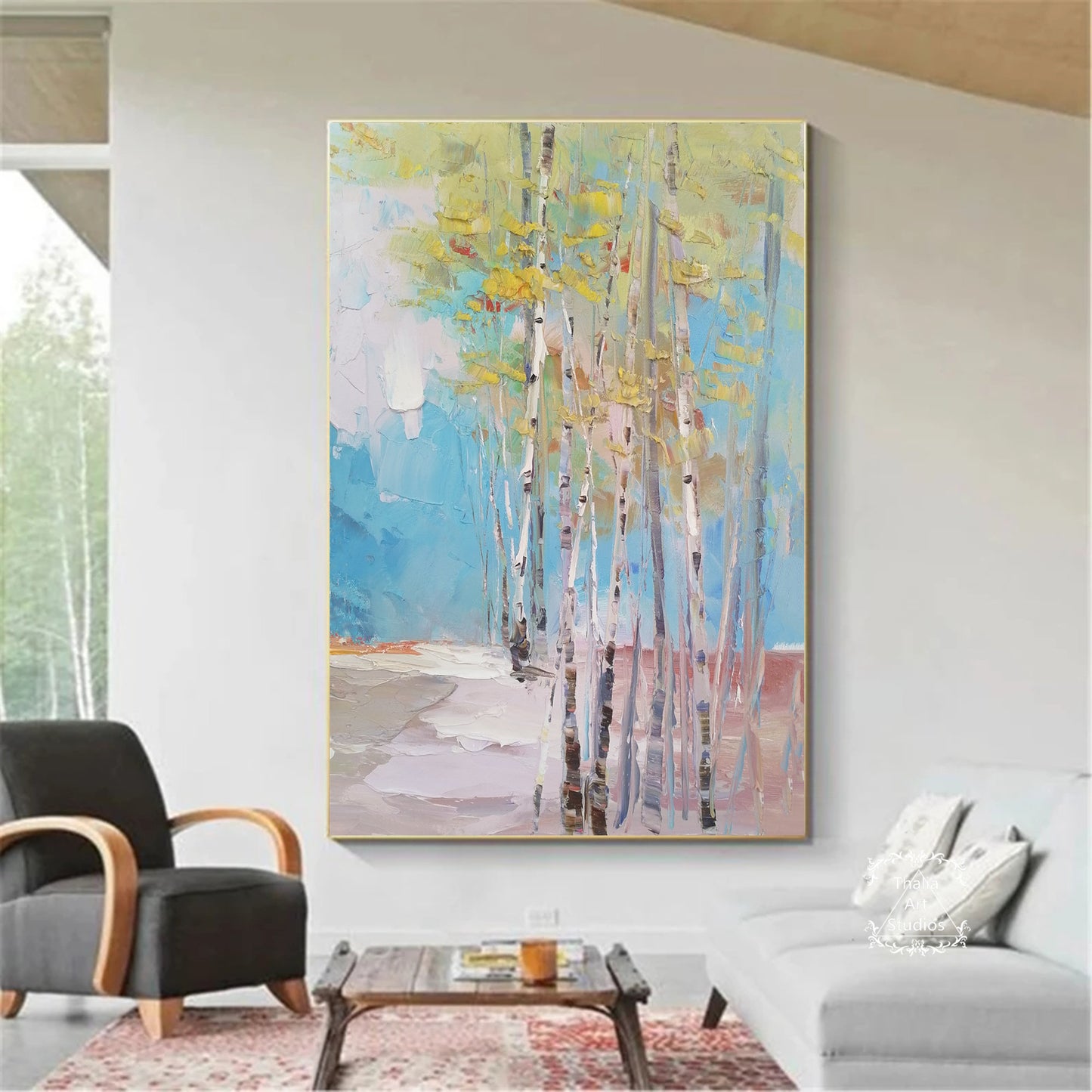Birch Tree Oil Painting Large Birch Forest Abstract Painting Birch Tree Wall Art Green Texture Abstract Painting Modern Art Living Room Art