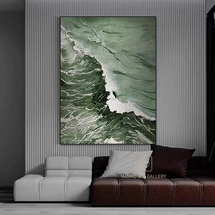 Green ocean Abstract Painting,Large Sky And Sea Painting,Beach Texture Painting,Large Ocean Canvas Painting,Living Room Art,White wave art