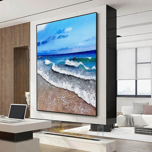 Large abstract painting of blue sky and sea landscape, beach texture painting, big beach acrylic painting, wave oil painting,living room art