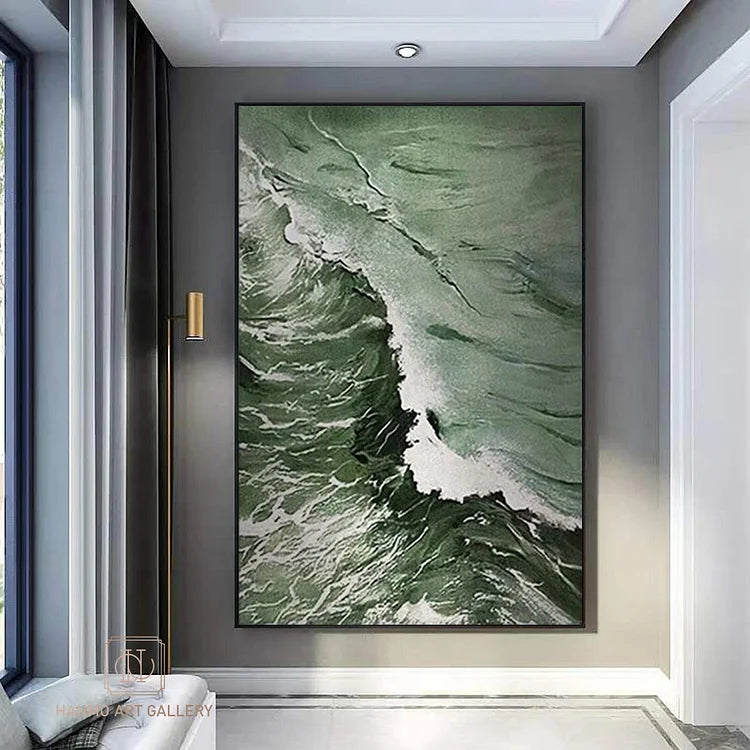 Green ocean Abstract Painting,Large Sky And Sea Painting,Beach Texture Painting,Large Ocean Canvas Painting,Living Room Art,White wave art