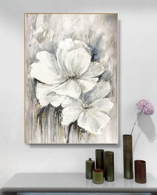 White flower oil painting on canvas, living room wall art decor, floral wall art painting, large abstract canvas art, textured painting