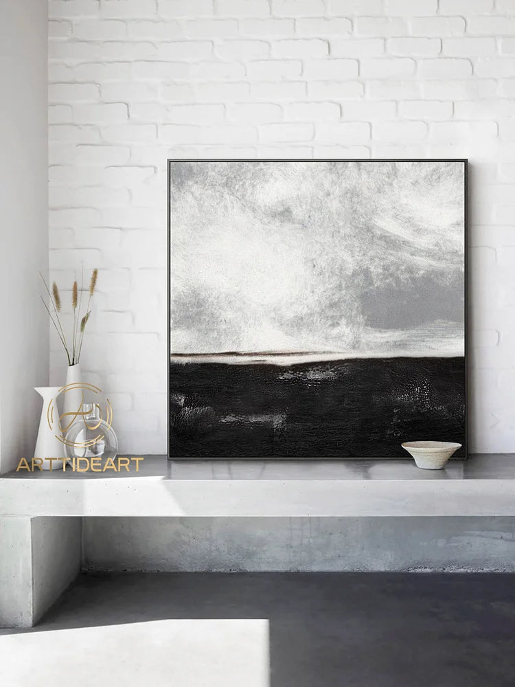 Huge black and white painting Large Abstract Landscape Painting Horizontal Wall Art Handmade Large Wall Art Wall Decor Art Large Canvas Art