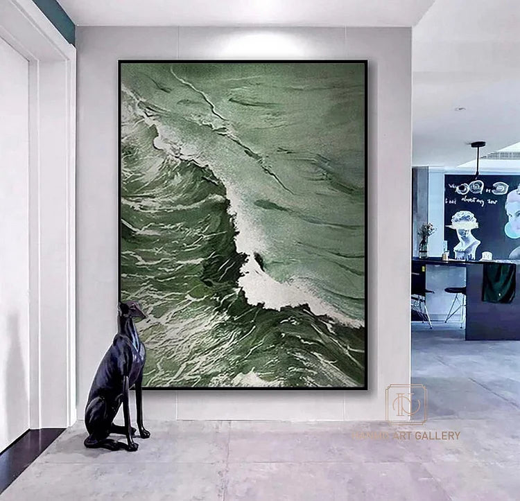 Green ocean Abstract Painting,Large Sky And Sea Painting,Beach Texture Painting,Large Ocean Canvas Painting,Living Room Art,White wave art