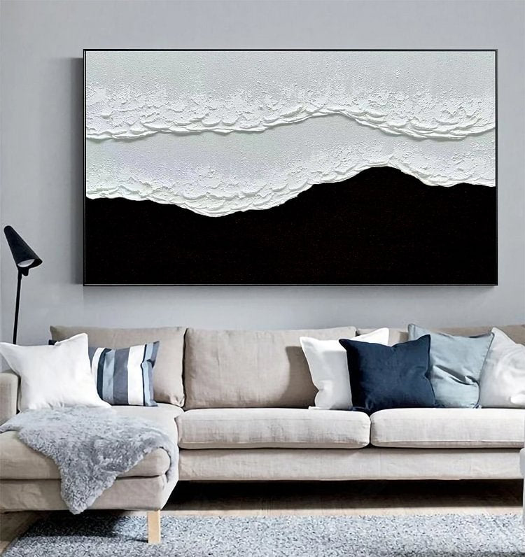 Handmade 3D Black White Wave Painting on Canvas Textured Wall Art Custom Canvas Wall Art Modern Art Wabi-sabi Wall Art