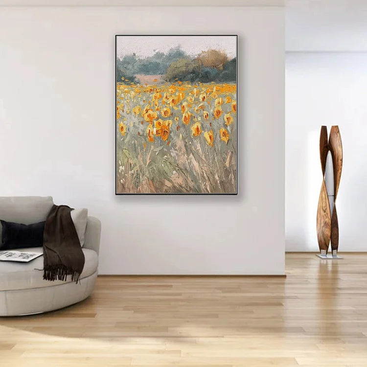 Large Original Yellow Sunflower Landscape Oil Painting on Canvas Abstract Modern Blossom Floral Acrylic Painting