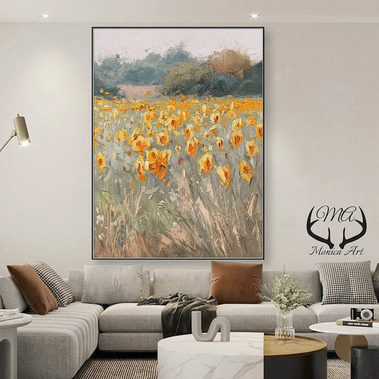 Large Original Yellow Sunflower Landscape Oil Painting on Canvas Abstract Modern Blossom Floral Acrylic Painting