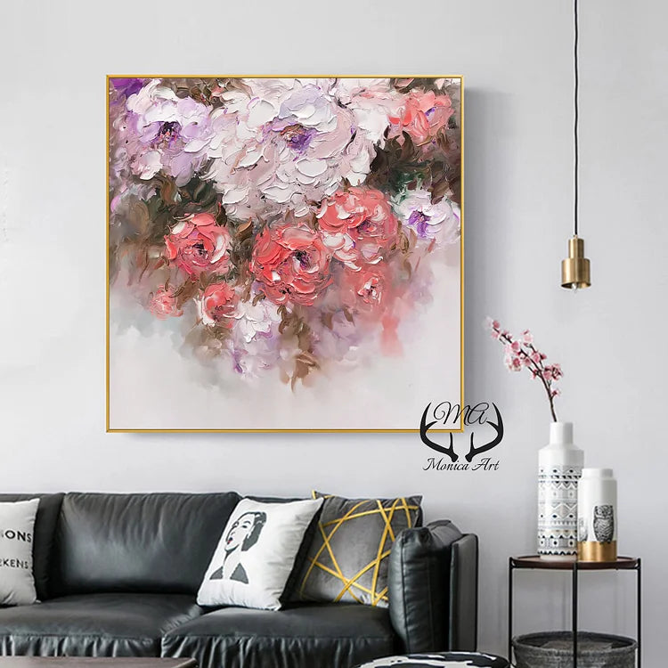 Large Roses Painting on Canvas ,Original Handmade Blooming Abstract Flower Landscape Texture Pink Flower Painting