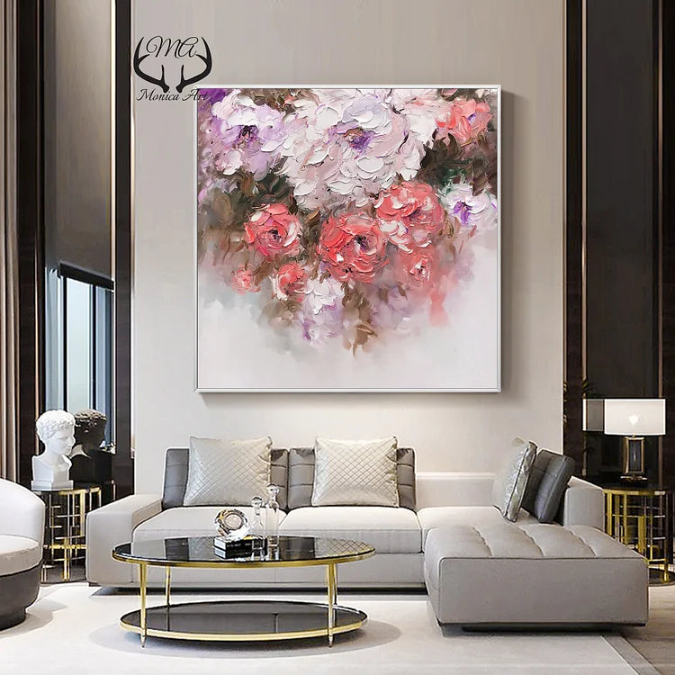 Large Roses Painting on Canvas ,Original Handmade Blooming Abstract Flower Landscape Texture Pink Flower Painting