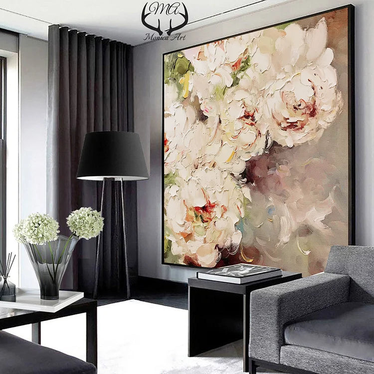 Large Wall Art Pink Flower Oil Painting on Canvas, Original Abstract Texture Floral Landscape Acrylic Painting