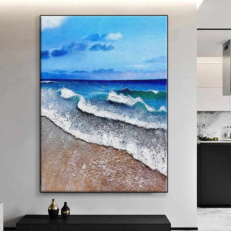 Large abstract painting of blue sky and sea landscape, beach texture painting, big beach acrylic painting, wave oil painting,living room art