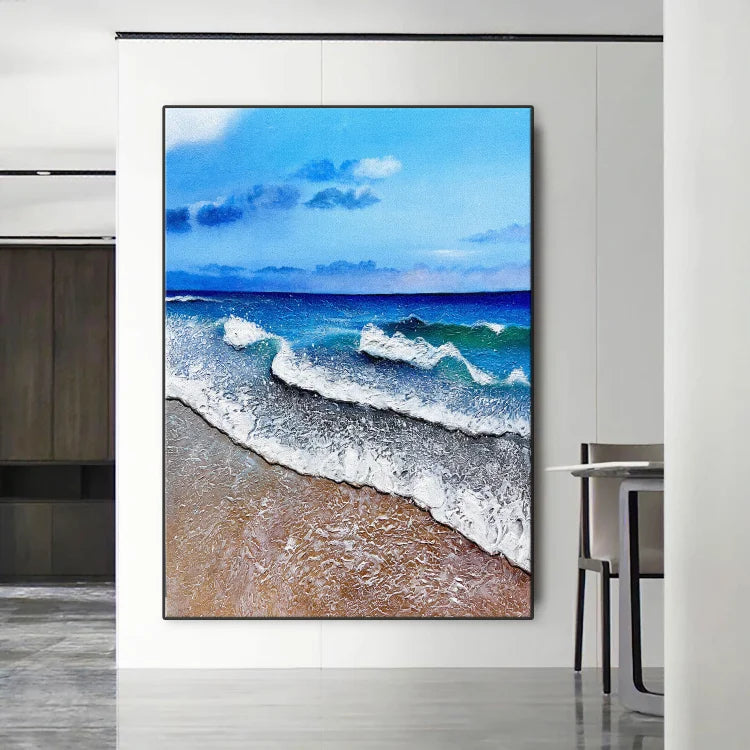 Large abstract painting of blue sky and sea landscape, beach texture painting, big beach acrylic painting, wave oil painting,living room art