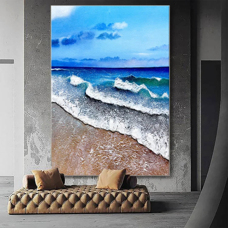 Large abstract painting of blue sky and sea landscape, beach texture painting, big beach acrylic painting, wave oil painting,living room art