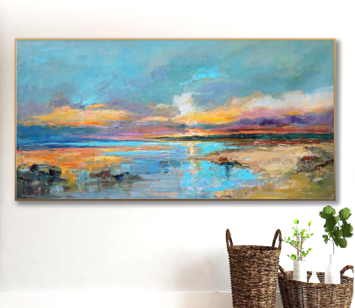 Sunrise beach painting, Large coastal wall art, Oversized coastal wall art, Modern coastal wall art, Tropical beach wall art