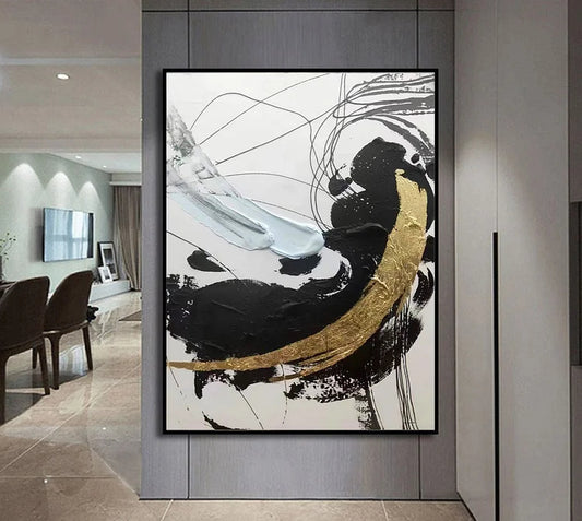 Large abstract painting, abstract canvas art, gold painting, original oil painting, extra large wall art abstract, black and white art
