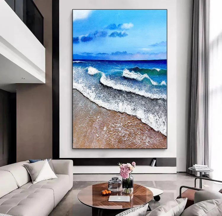 Large abstract painting of blue sky and sea landscape, beach texture painting, big beach acrylic painting, wave oil painting,living room art