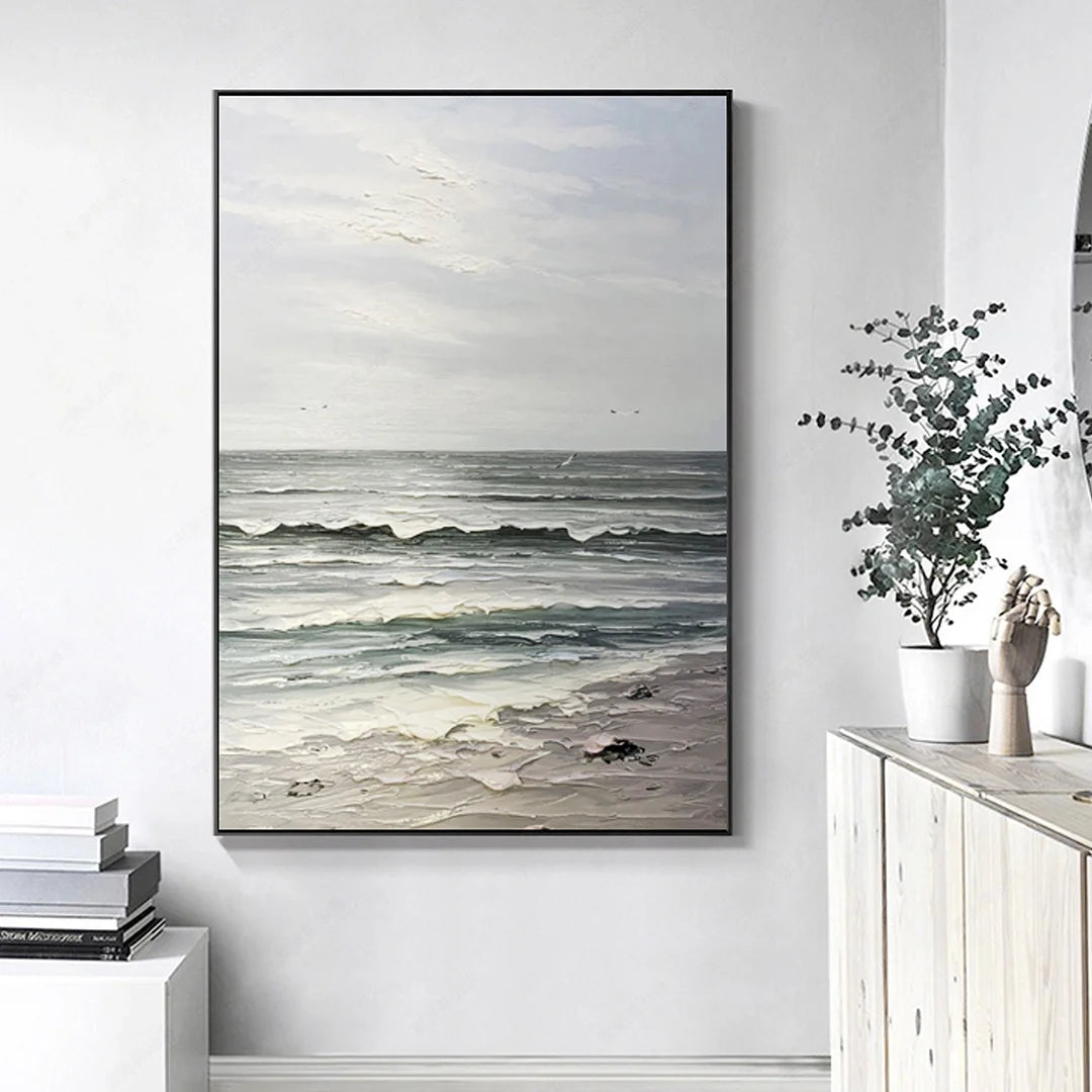 Ocean Painting Large Coastal Painting On Canvas,Sea Landscape Painting,Large Wall Sky Sea Painting,Gray Texture Wall Art