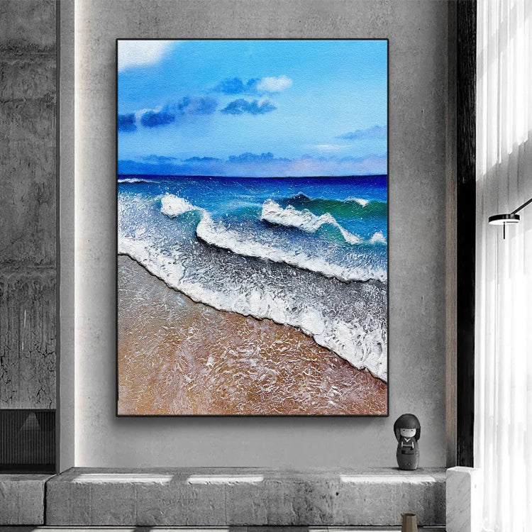 Large abstract painting of blue sky and sea landscape, beach texture painting, big beach acrylic painting, wave oil painting,living room art