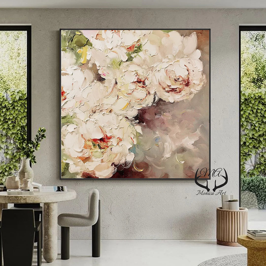 Large Wall Art Pink Flower Oil Painting on Canvas, Original Abstract Texture Floral Landscape Acrylic Painting