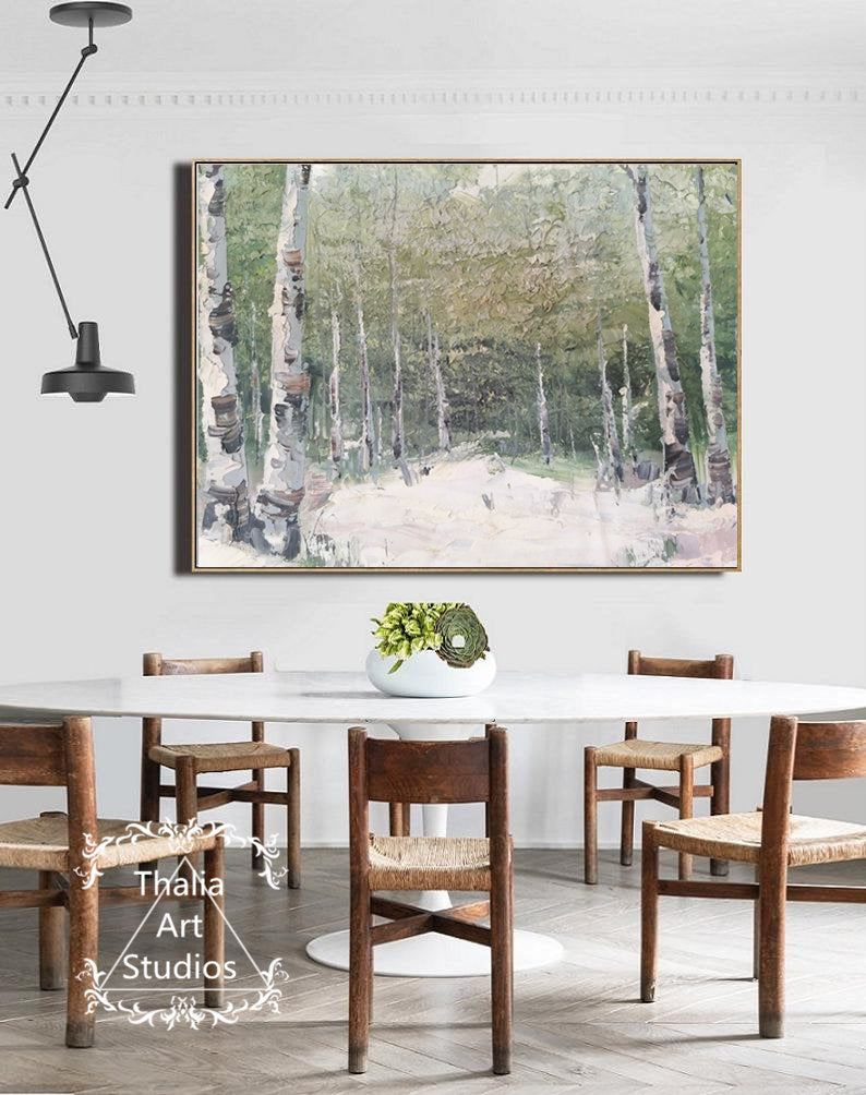 Large Hand Painted Birch Tree Painting, Birch Tree Landscape Oil Painting, Green Birch Forest Painting, Texture Abstract Painting Office Art