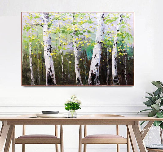 Large Green Birch Painting, Original Birch Tree Landscape Painting Birch Forest Abstract Painting, Modern Acrylic Knife Painting, Office Art