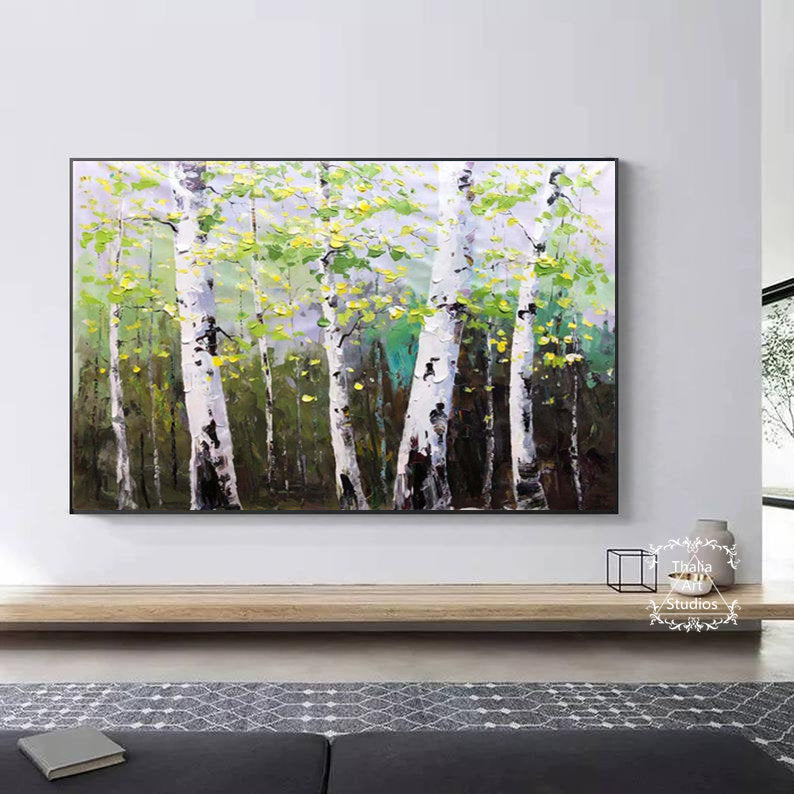 Large Green Birch Painting, Original Birch Tree Landscape Painting Birch Forest Abstract Painting, Modern Acrylic Knife Painting, Office Art