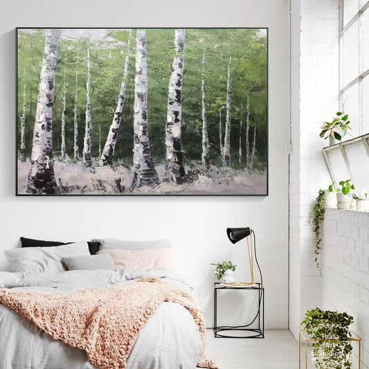 Birch Tree Oil Painting, Original Birch Tree Landscape Painting, Green Birch Forest Painting, Modern Acrylic Abstract Art, Office Wall Art