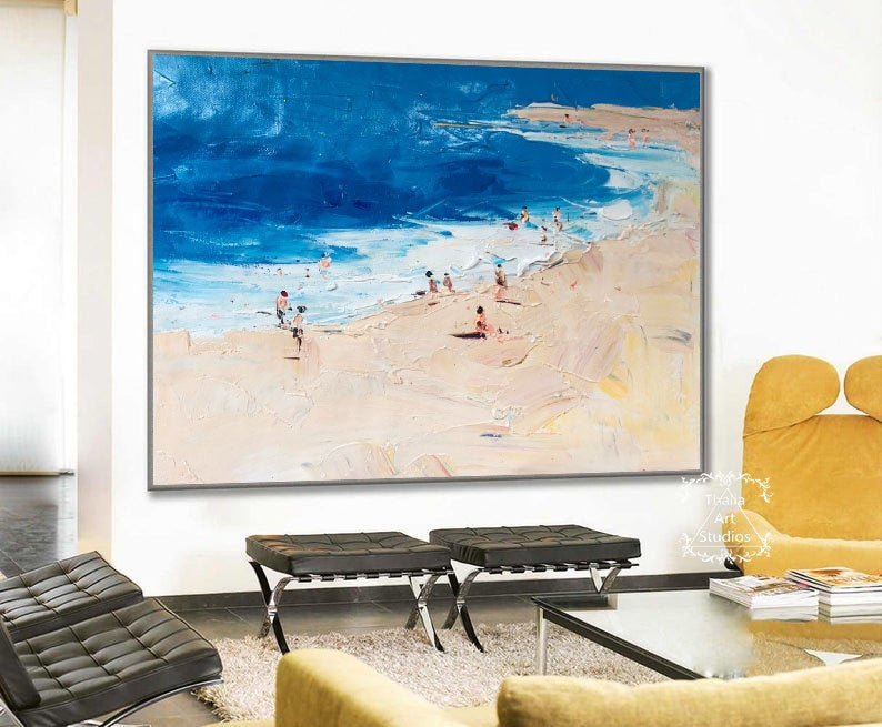 Large Original Blue Ocean Painting, Large Wall Art, Beige Beach Landscape Painting, Modern Texture Painting, Minimalist Art, Office Art