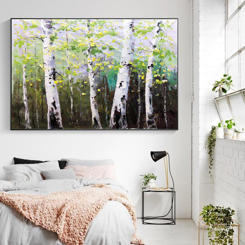 Large Green Birch Painting, Original Birch Tree Landscape Painting Birch Forest Abstract Painting, Modern Acrylic Knife Painting, Office Art