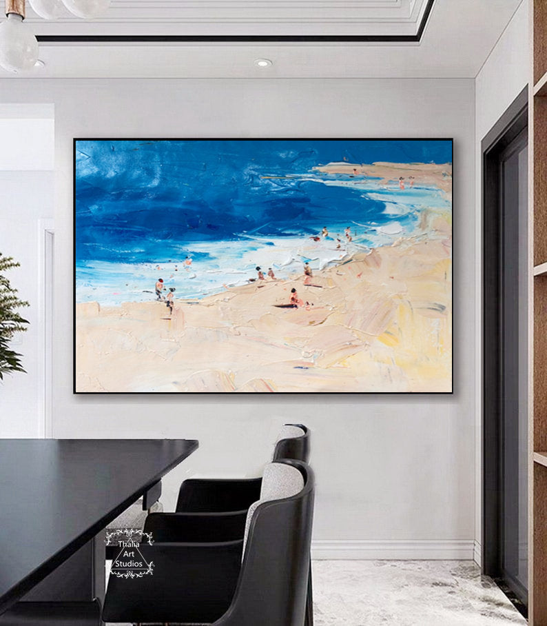 Large Original Blue Ocean Painting, Large Wall Art, Beige Beach Landscape Painting, Modern Texture Painting, Minimalist Art, Office Art