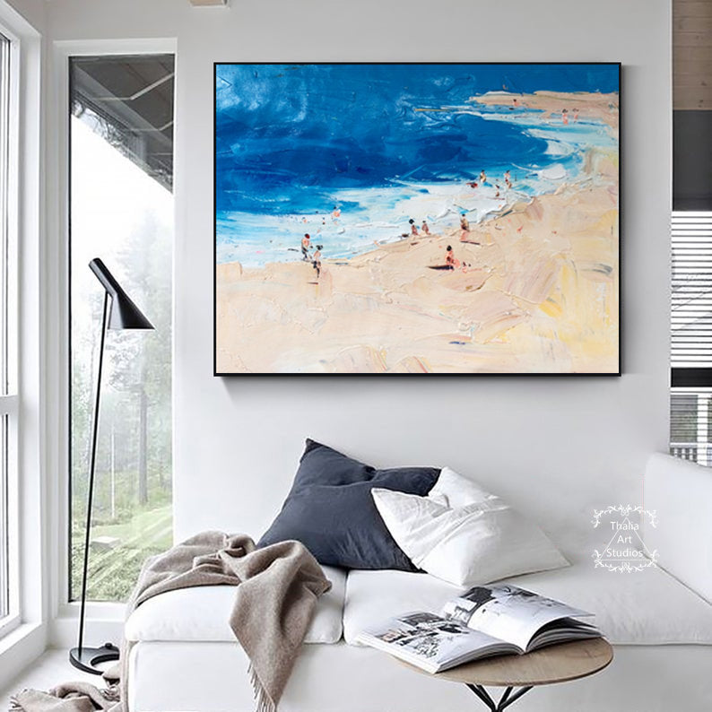 Large Original Blue Ocean Painting, Large Wall Art, Beige Beach Landscape Painting, Modern Texture Painting, Minimalist Art, Office Art