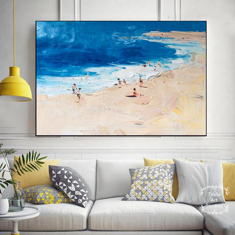 Large Original Blue Ocean Painting, Large Wall Art, Beige Beach Landscape Painting, Modern Texture Painting, Minimalist Art, Office Art